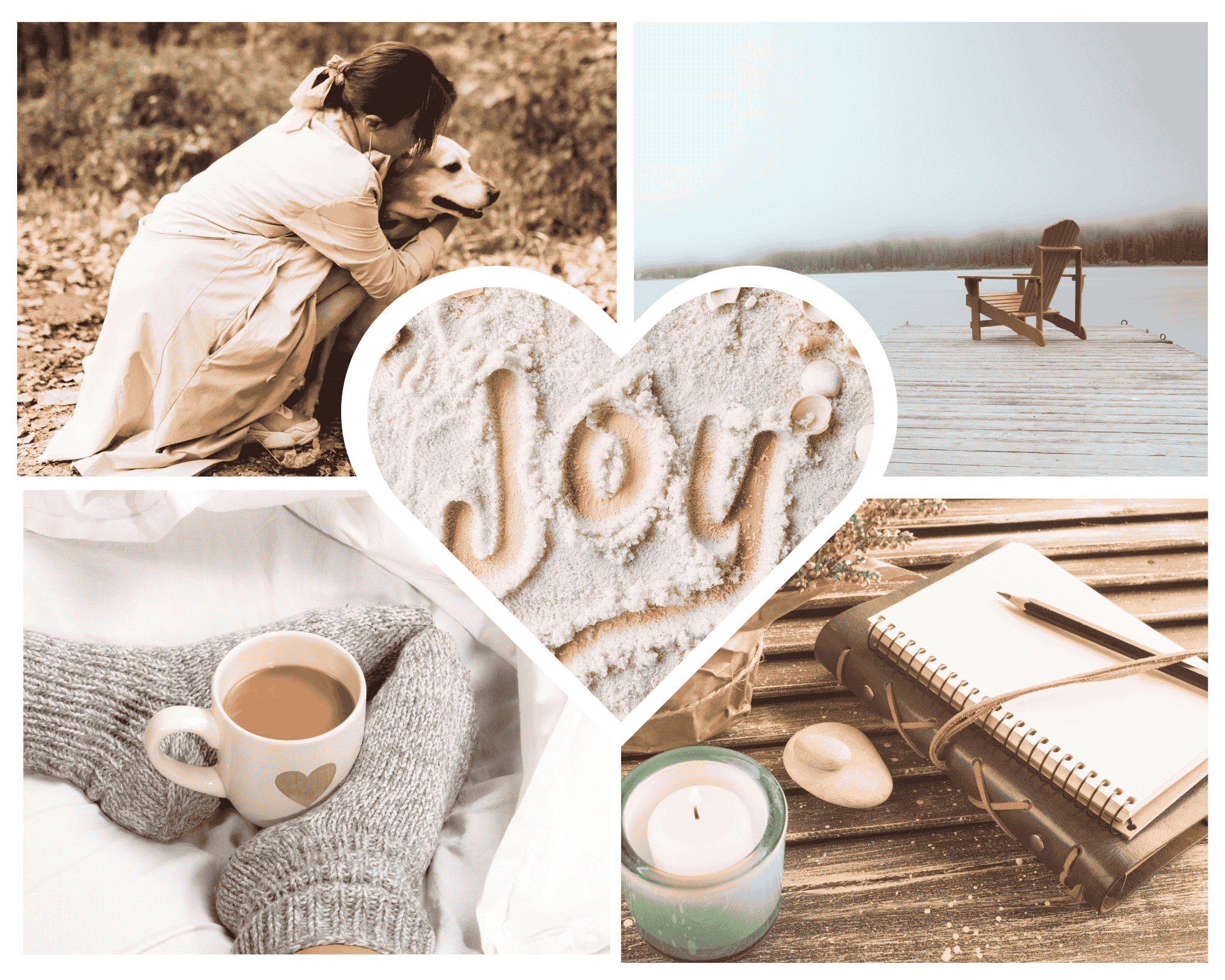 a collage of joyful and calm images: woman hugging her dog, an empty adirondack chair on a dock by the water, a warm cup of coffee and a journal with candle beside it.
