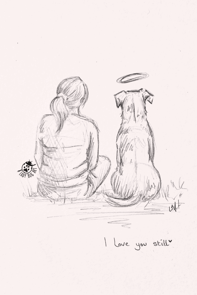 Sketched drawing of a woman sitting next to her dog with a halo above the do's head. Perspective taken from behind them. There is a saying below them that says, "I love you still"