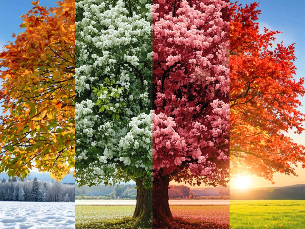 Colorful trees in autumn and spring, symbolizing change and renewal.