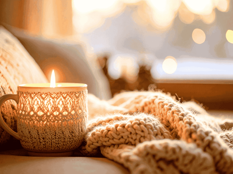Close up photo of warm candle burning next to a cozy blanket and window in the distance.