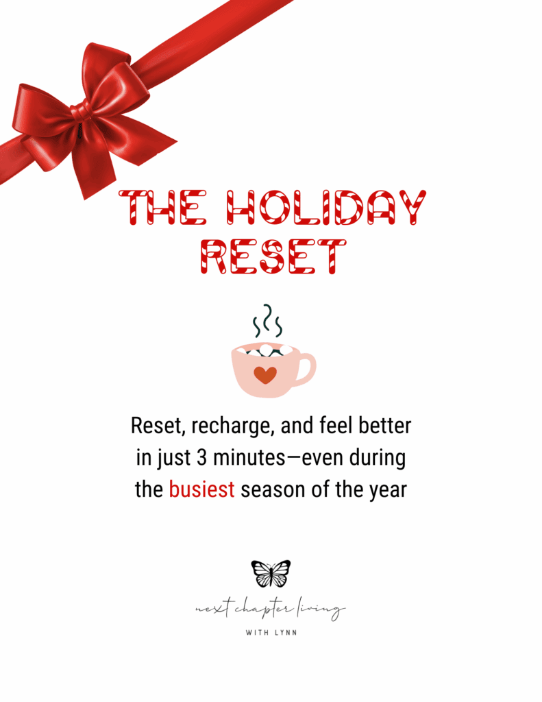 Festive cover of the Holiday Rest guide featuring title, blush coffe cup with heart, red bow in the corner and subtitle