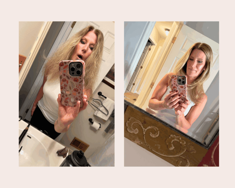 Before and after of woman with frizzy hair and smooth, styled hair after using favorite hair products.