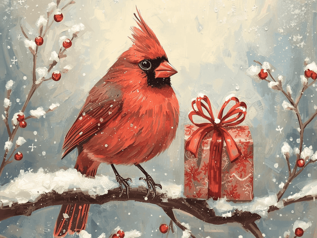 Red cardinal bird with a gift box on snow-covered tree branch, holiday winter scene.
