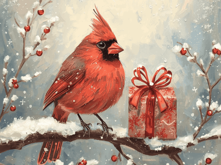Red cardinal bird with a gift box on snow-covered tree branch, holiday winter scene.