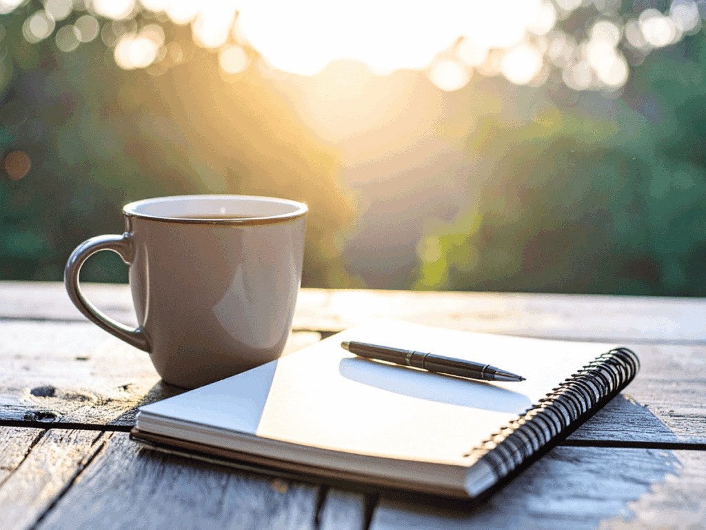 Morning coffee mug and open notebook with pen on wooden table at sunrise.