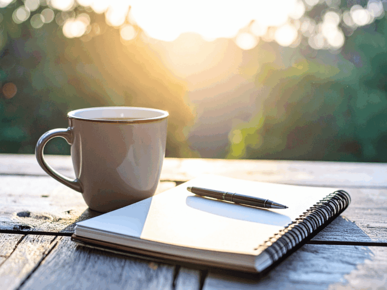 Morning coffee mug and open notebook with pen on wooden table at sunrise.