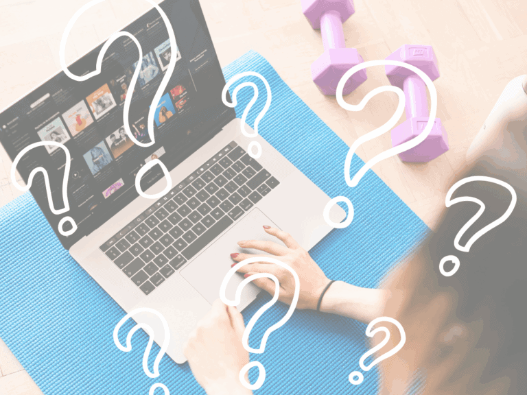 a faded colorful flatlay of a laptop on a blue yoga mat with purple dumbells off to the side and a woman typing on the keyboard. There is an overlay of outlined questions marks throughout the photo symbolizing so many questions regarding overwhelming fitness advice available.