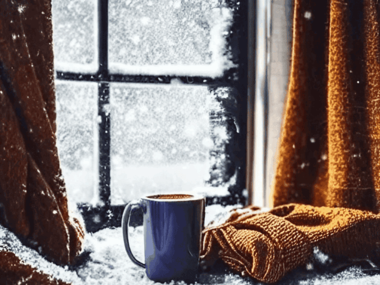 Starting when motivation is hard to find during winter. Photo of coffee cup and blanket on window sill with a cold, snowy view outside.
