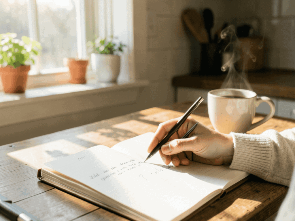 Woman writing in a journal with coffee on a sunny kitchen table.