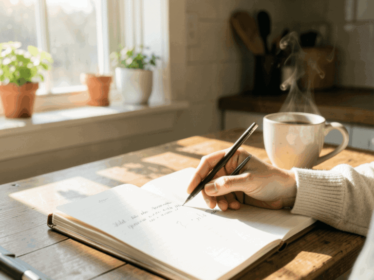 Woman writing in a journal with coffee on a sunny kitchen table.