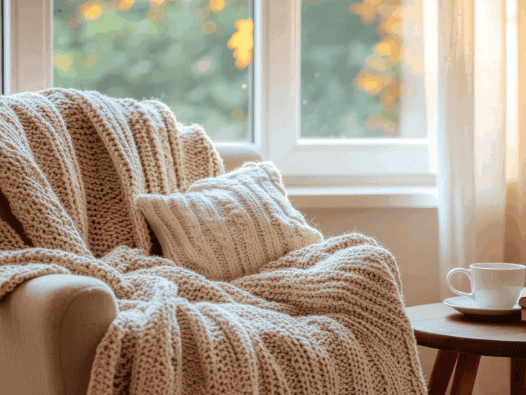 a cream colored chair with cozy cream blanket and pillow on top next to a window creating a calm, quiet, restful environment.