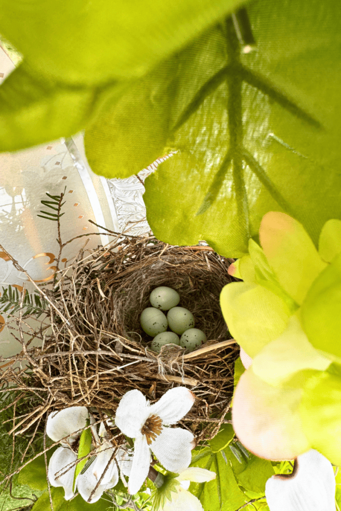 Nest with eggs nestled among green leaves and flowers in a garden setting.