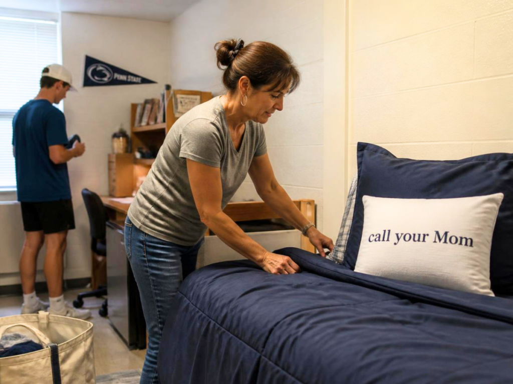 Mother tidying bed with pillow that says 'call your Mom' in college dorm.