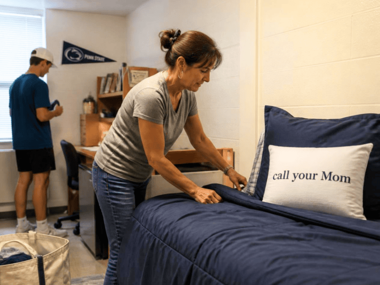 Mother tidying bed with pillow that says 'call your Mom' in college dorm.