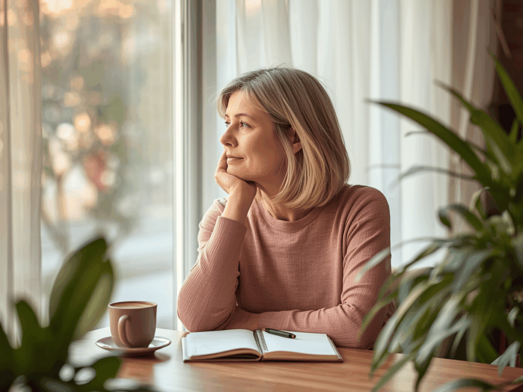 Thoughtful mature woman gazing out the window, enjoying a peaceful moment at home.
