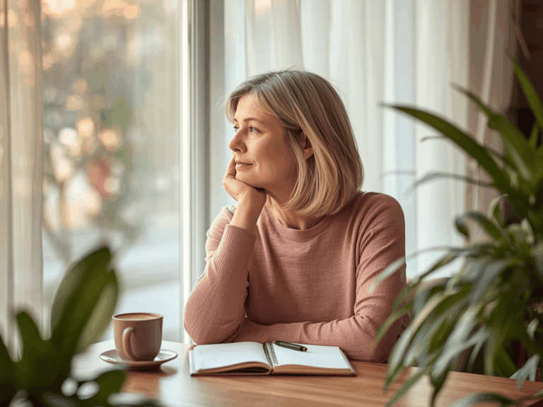 Thoughtful mature woman gazing out the window, enjoying a peaceful moment at home.