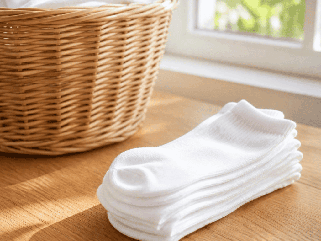 Folded pairs of white athletic socks on a wooden table by a sunlit window