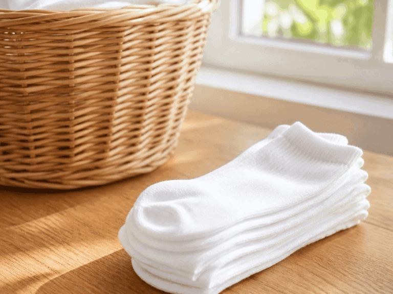 Folded pairs of white athletic socks on a wooden table by a sunlit window