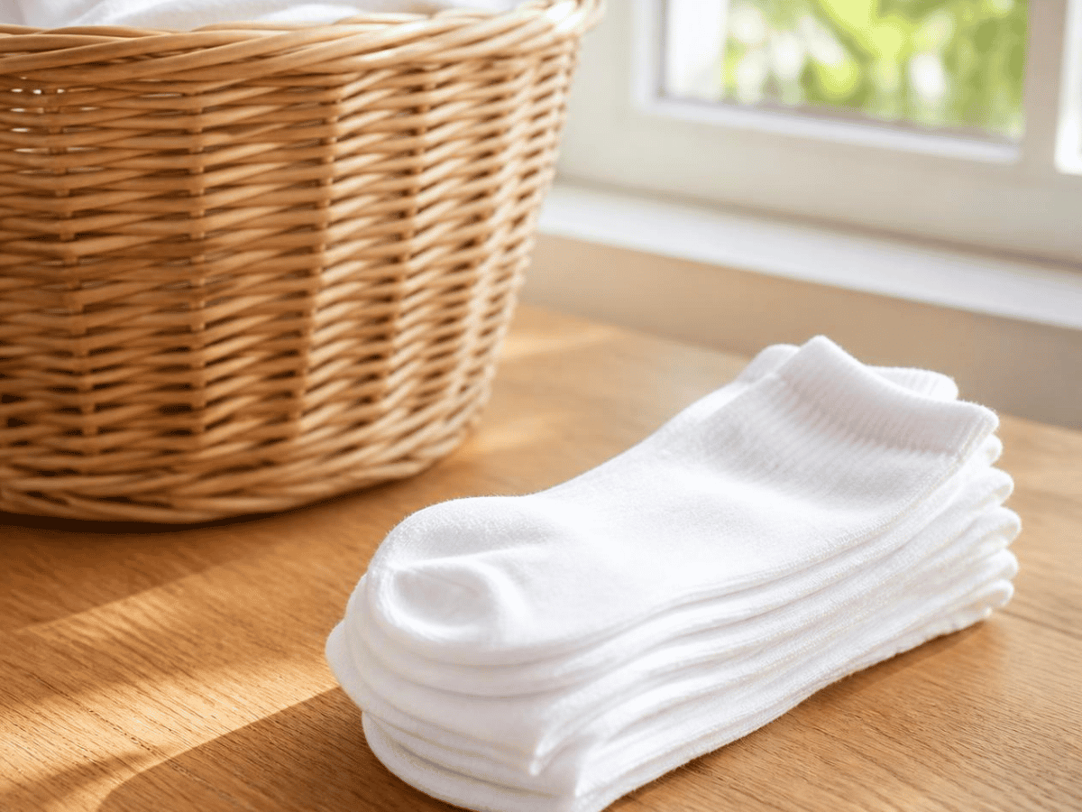 Folded pairs of white athletic socks on a wooden table by a sunlit window