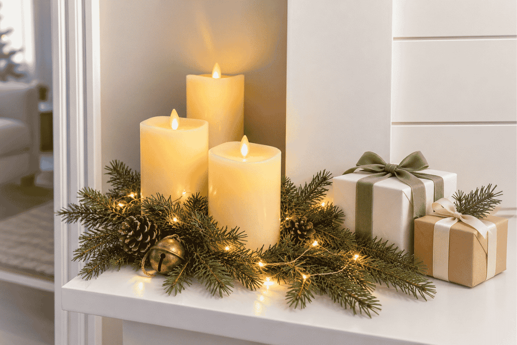 Three lit candles with pine branches and gift boxes for holiday decor.